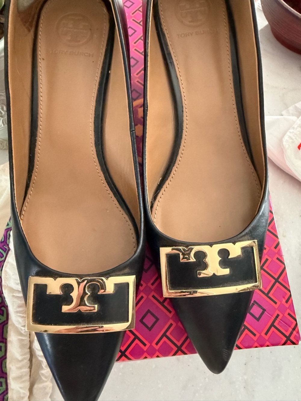 Tory Burch Black Leather Wedge Pumps with Gold Accent